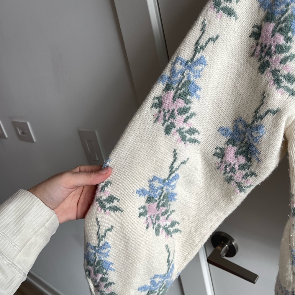 Love Shack Fancy Floral Knit Cardigan Sweater - White and Blue - Picture 3 of 8